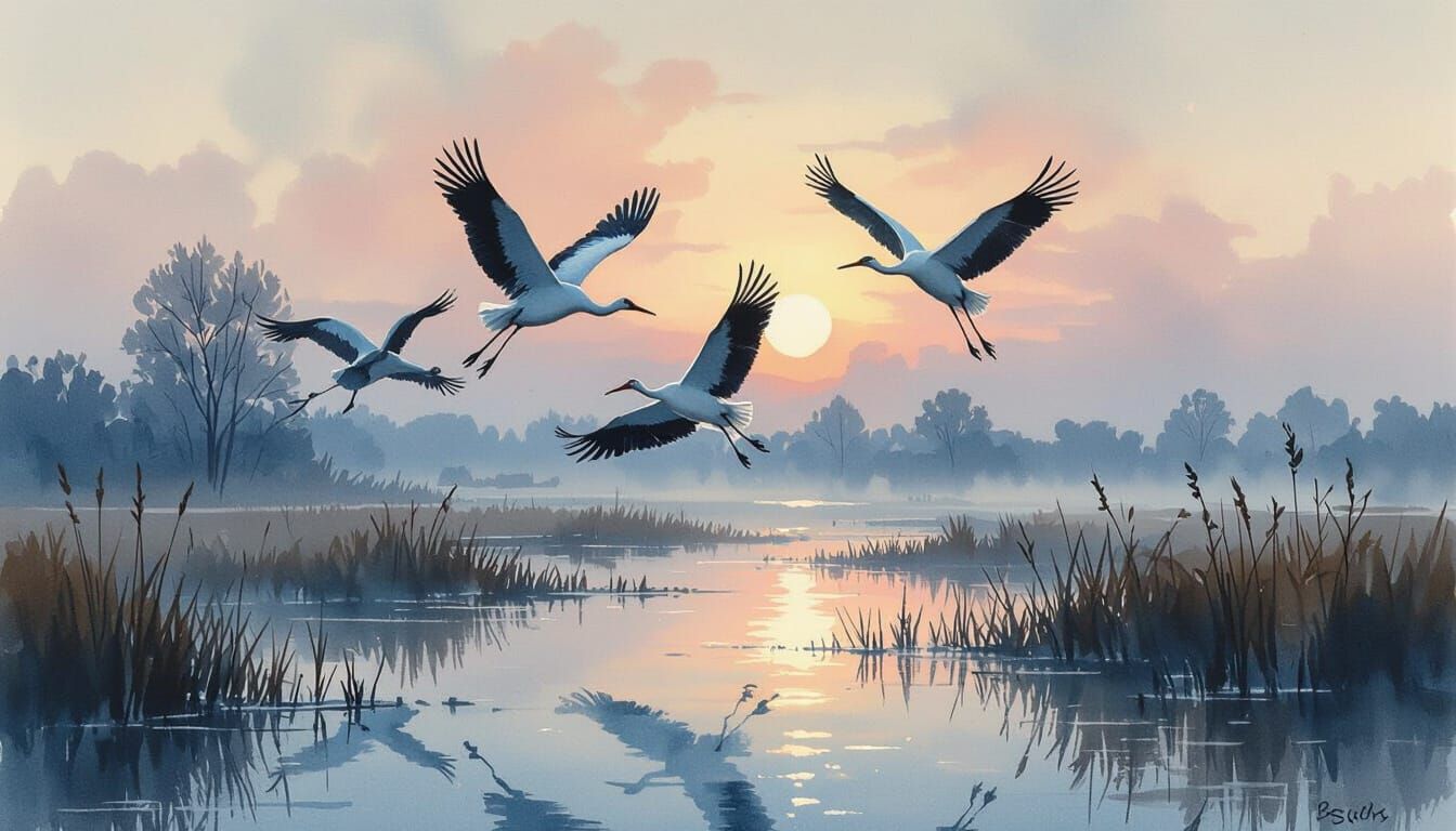 Cranes Take Flight Over Misty Marsh in Wash Style