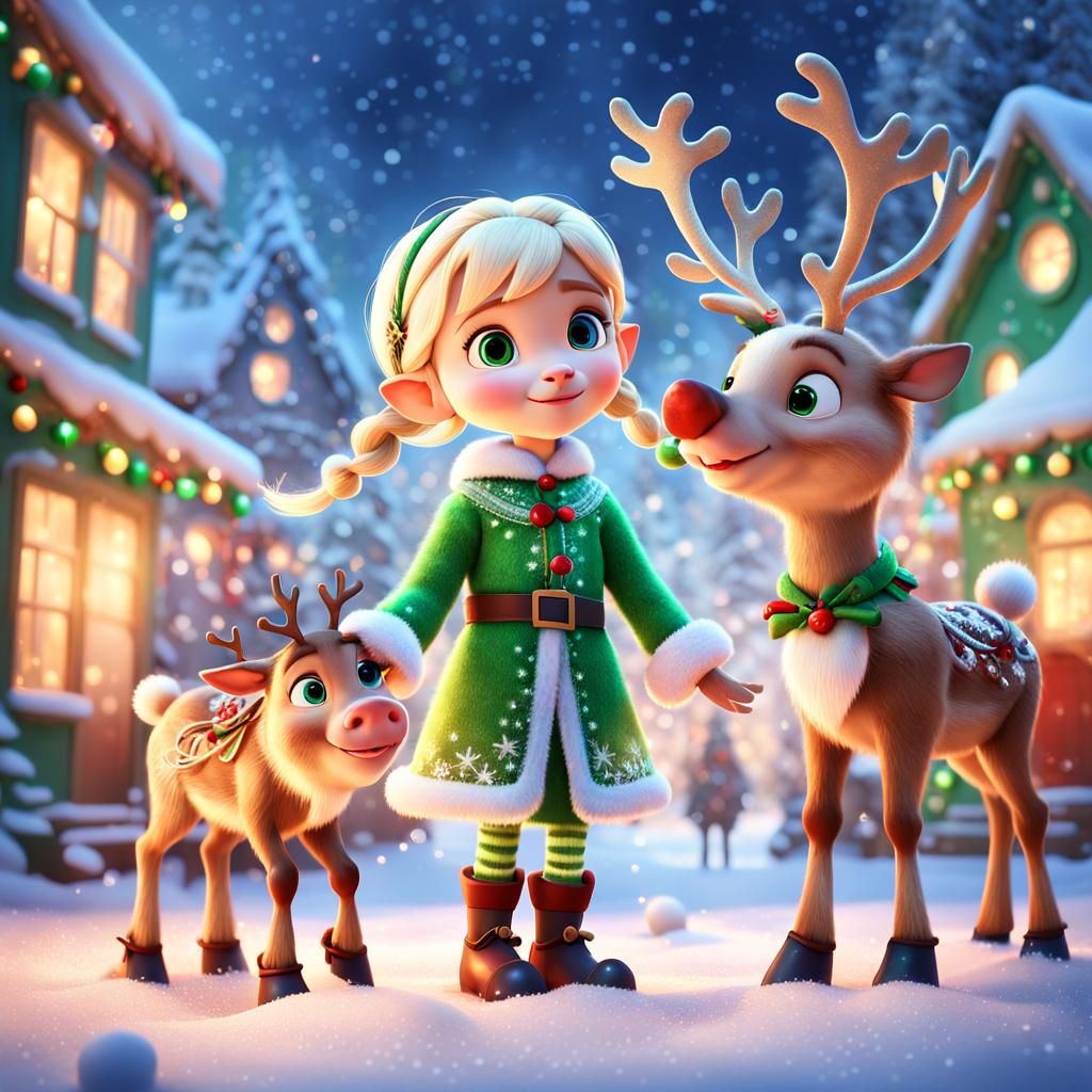 Blonde Elf Girl Plays in Winter Wonderland as 3D Pixar Art
