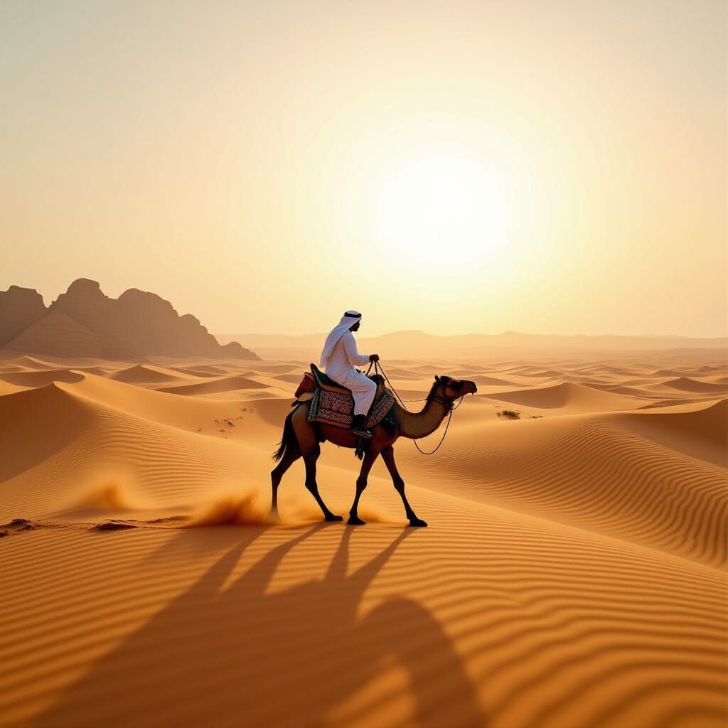 Saudi Man Riding Camel in Desert Landscape
