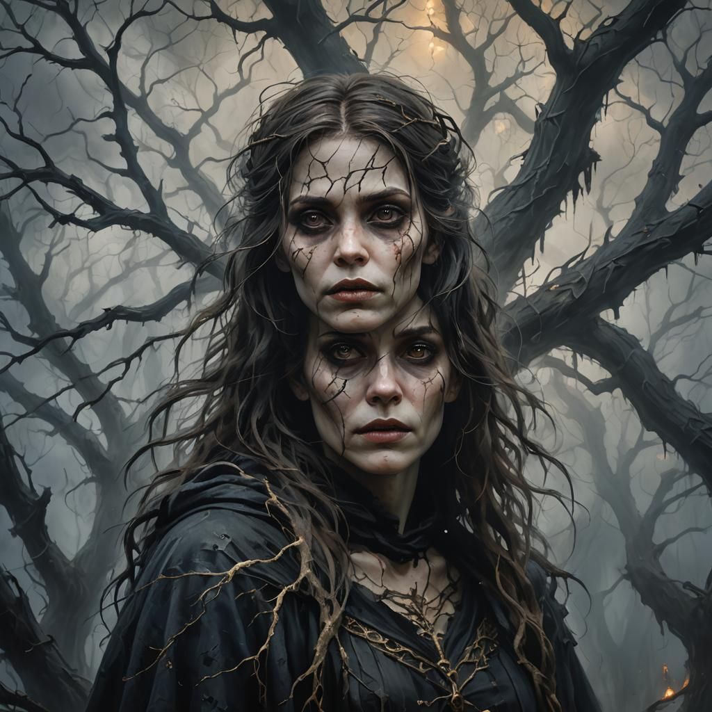 Haunting Dark Fantasy Portrait of Damaged Beauty