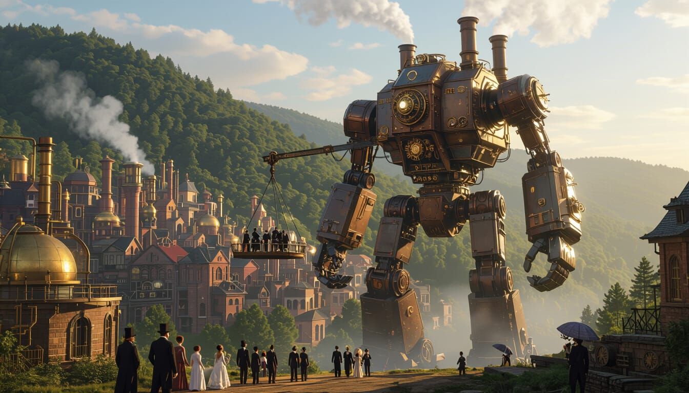 Colossal Steampunk Robot Unveils Cityscape in Golden Light