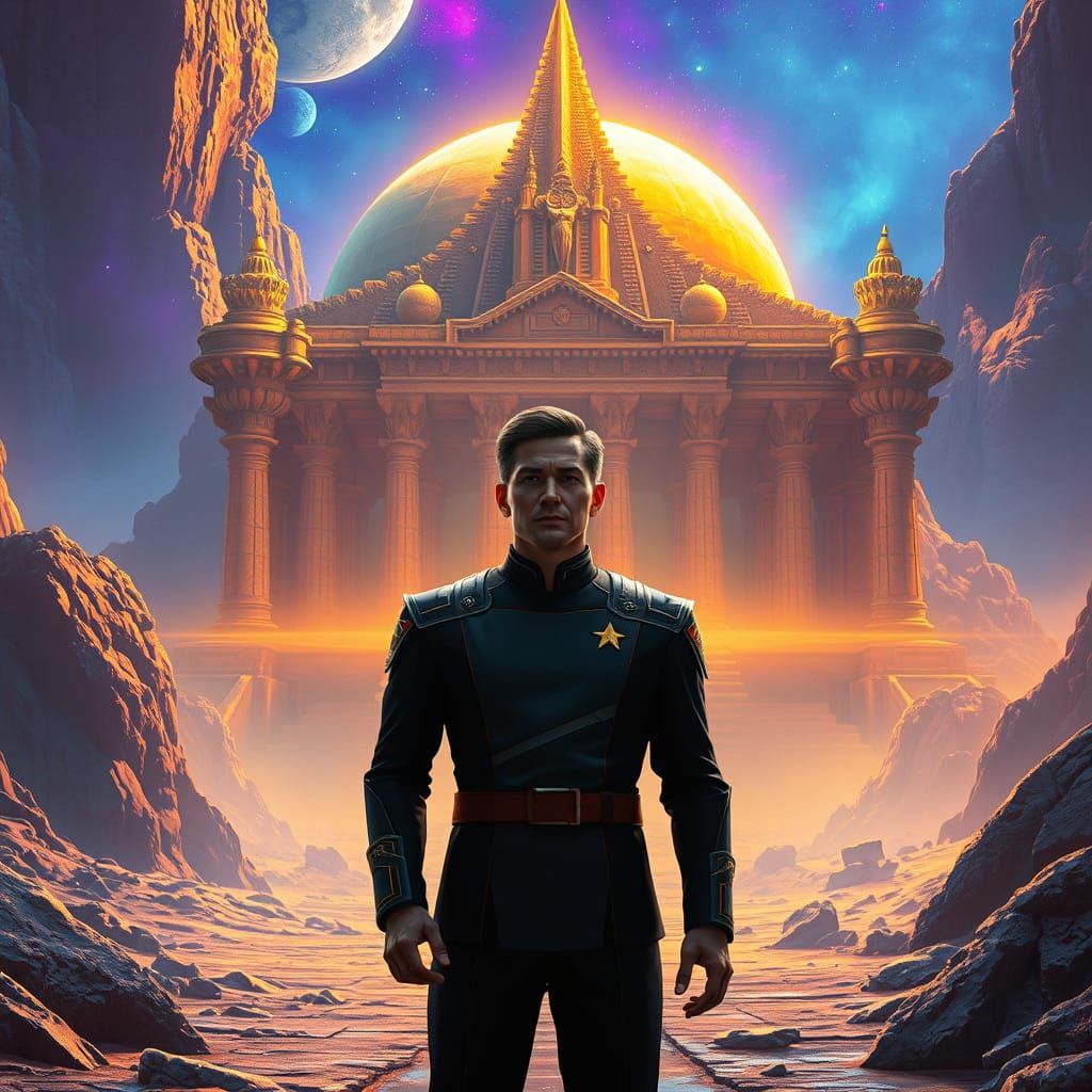 Starfleet Officer Before Ancient Temple of Memory