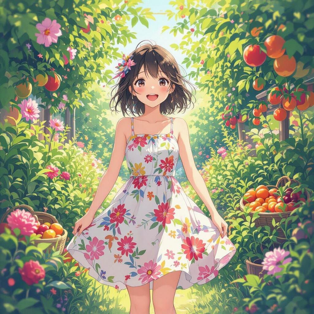 Anime Girl's Joyful Garden in Whimsical Style