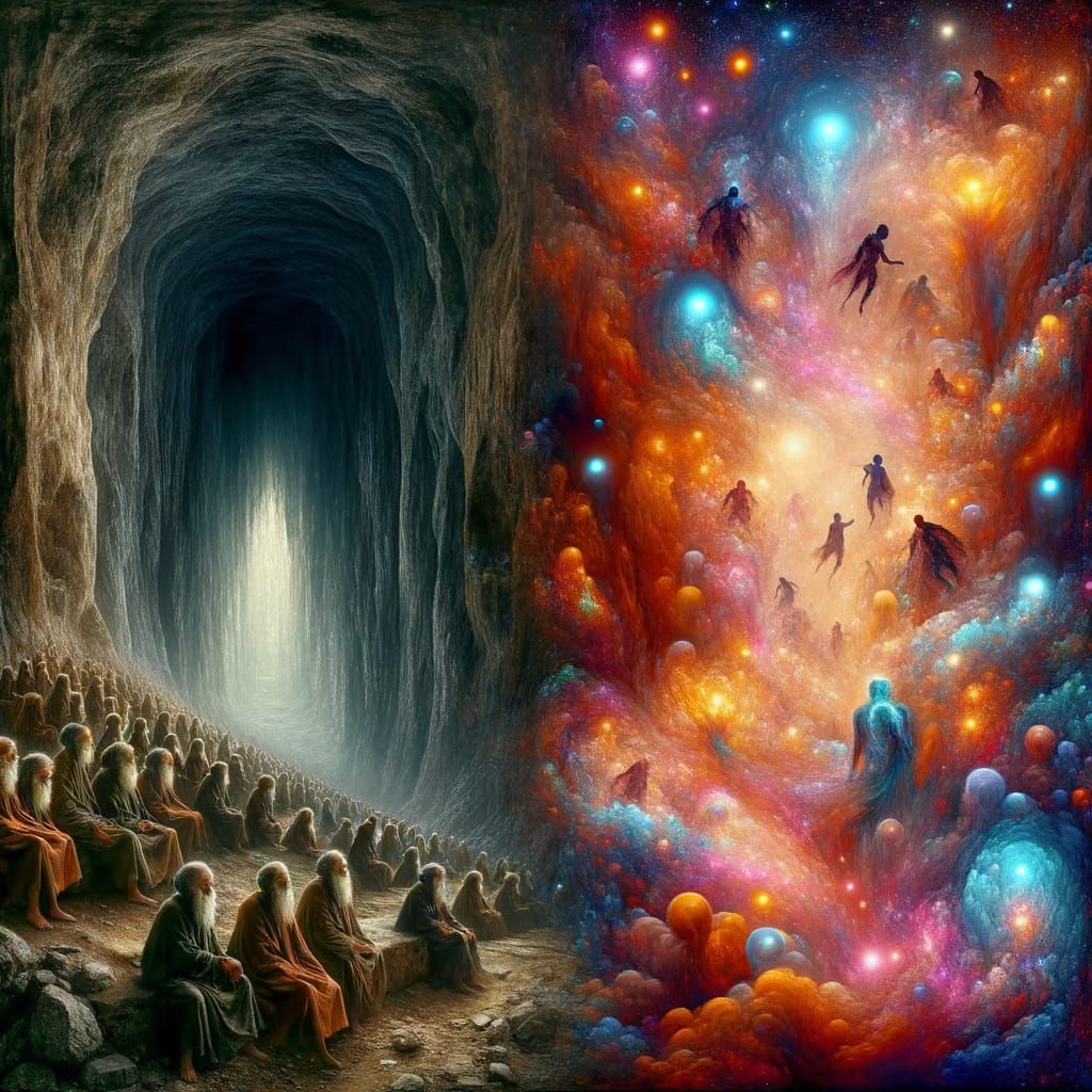 Surreal Allegory of Plato's Cave in Cosmic Holographic Style