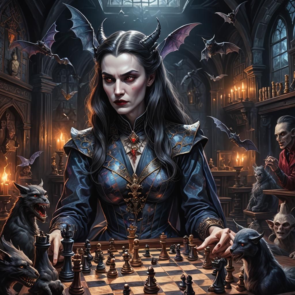 Dracula Woman Plays Chess with Demons: Astral Illustration