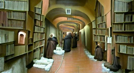 Infinite library hallway with dusty old books and Franciscan monks illuminating manuscripts Umberto Ecco Name of the Ros...