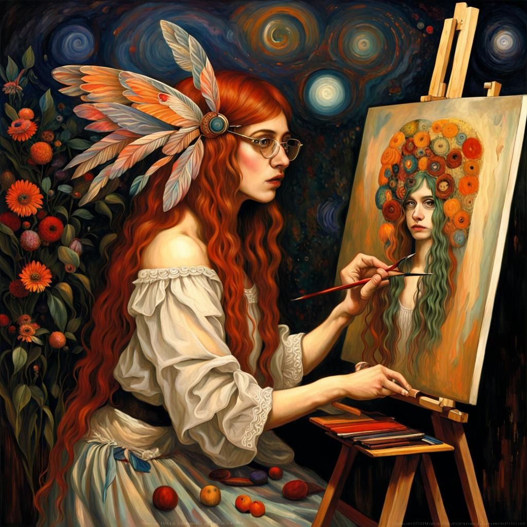 Surrealist Woman Artist Painting a Bohemian Dreamscape