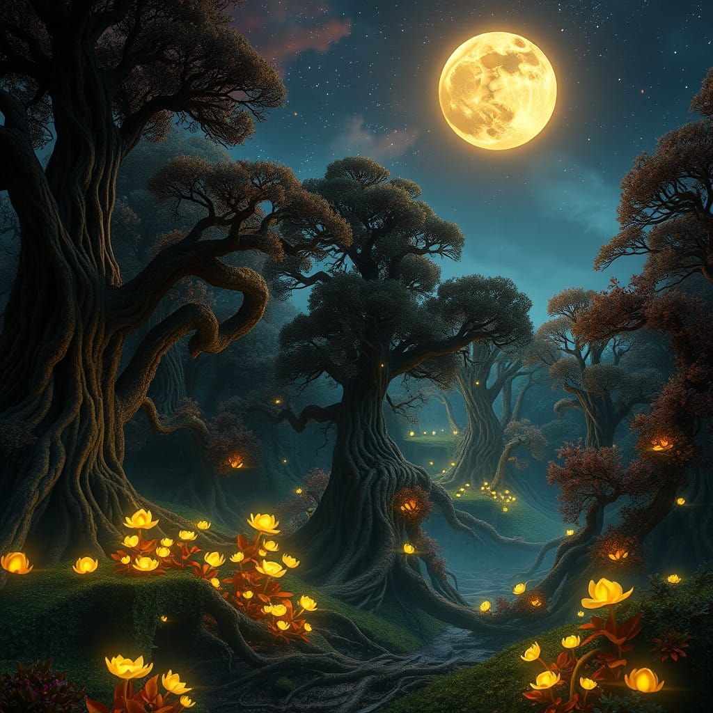 Ethereal Fantasy Forest Under Starry Night