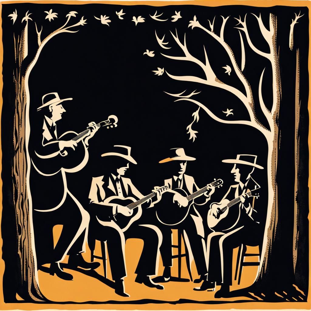 Bluegrass Band on Stage in Silhouette Animation Style
