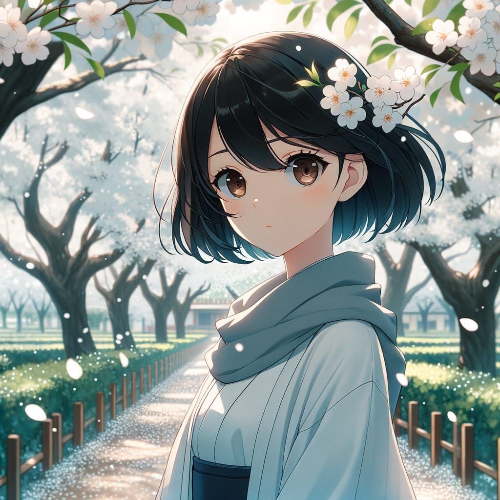 Serene Anime Woman Walks Amidst Whimsical White Petals