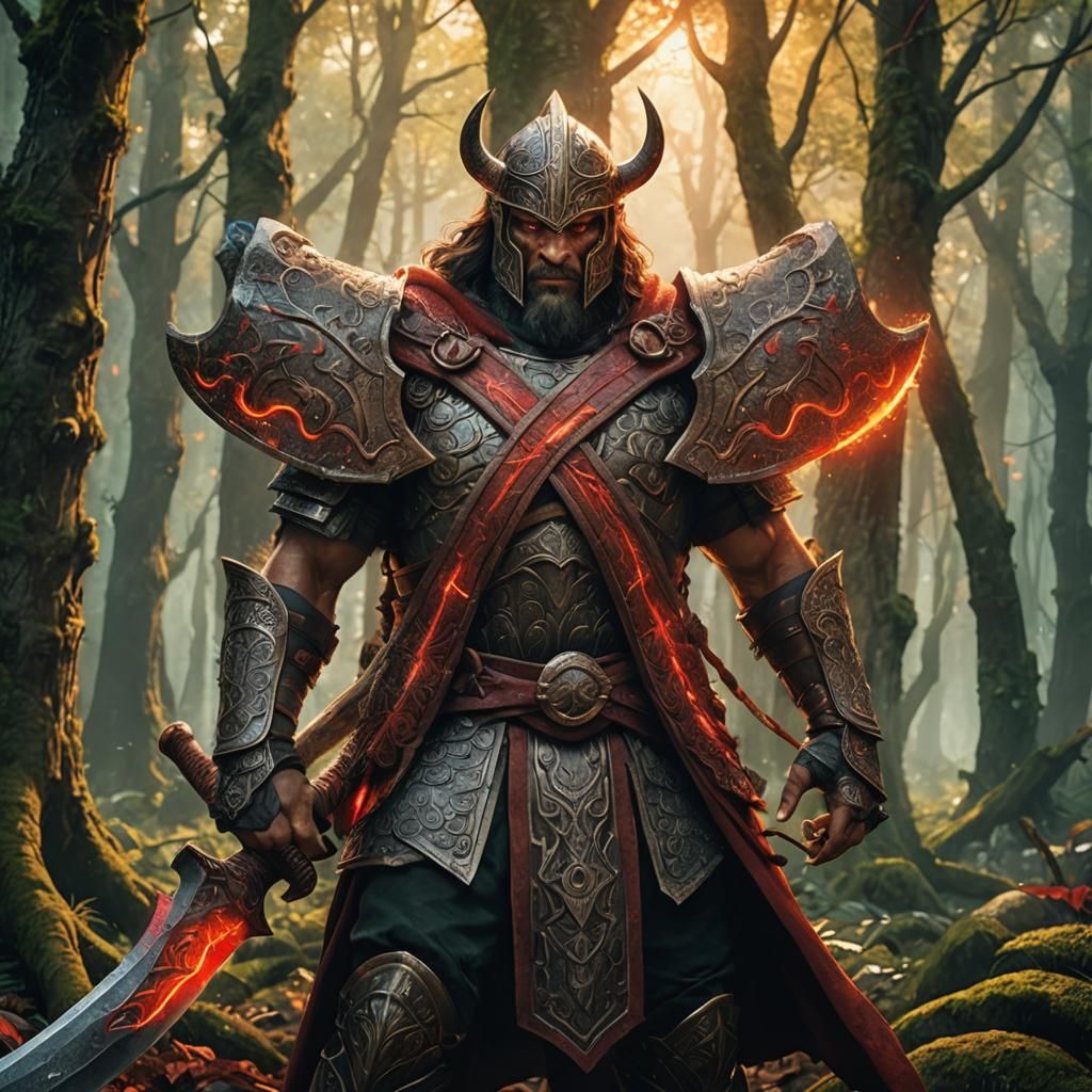 Warrior with Double Red Ax in Mystical Forest