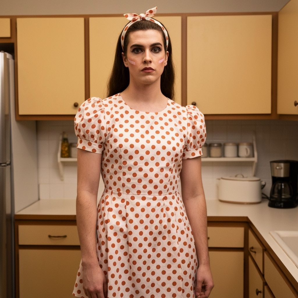 Stoic Androgynous Man as 1960s Housewife in Polka Dress