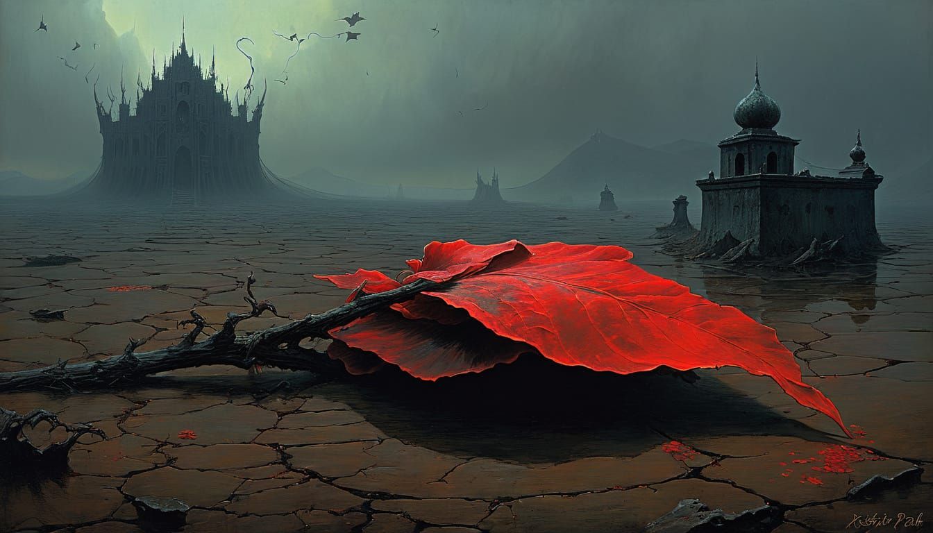 Eerie Demon with Blood Petals in Beksiński Style