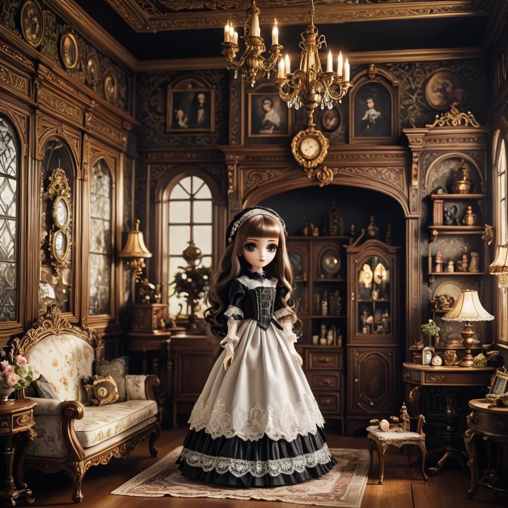 Victorian Dollhouse Interior with Gothic Anime Style