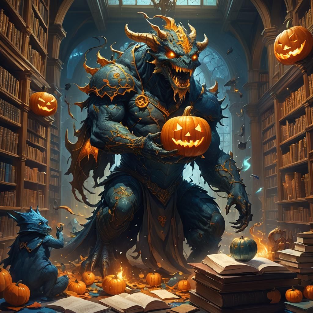 Pumpkin-Headed Monster Eats Homework in Gothic Library