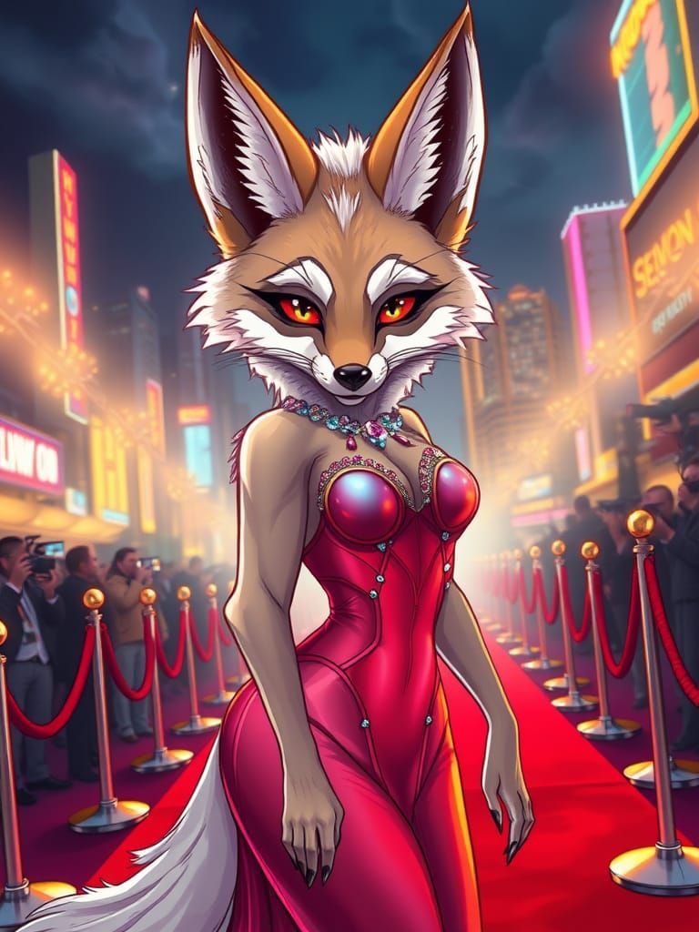 Ethereal Coyote Goddess Struts Red Carpet in Cosmic Couture