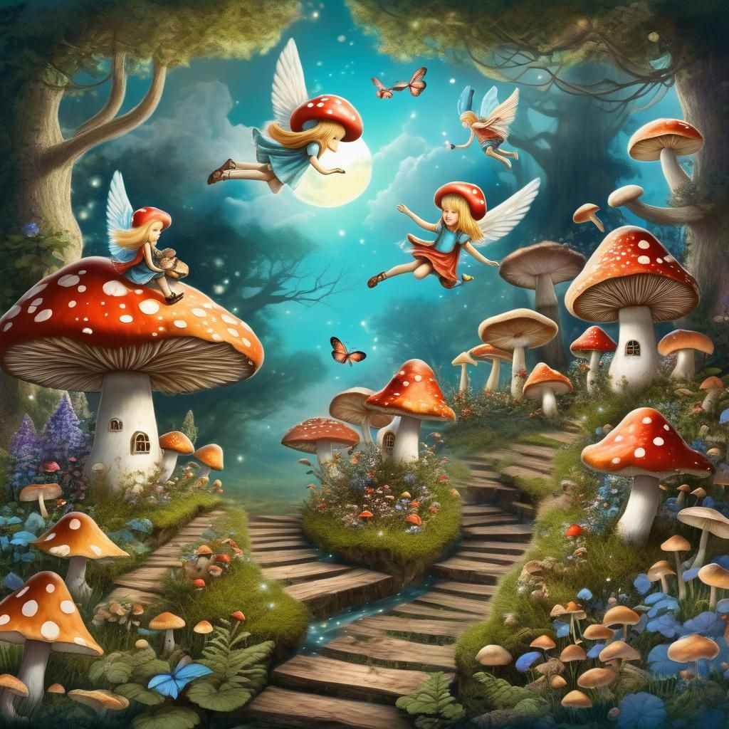 Fairies Flying in a Mushroom Garden: Fantasy Art