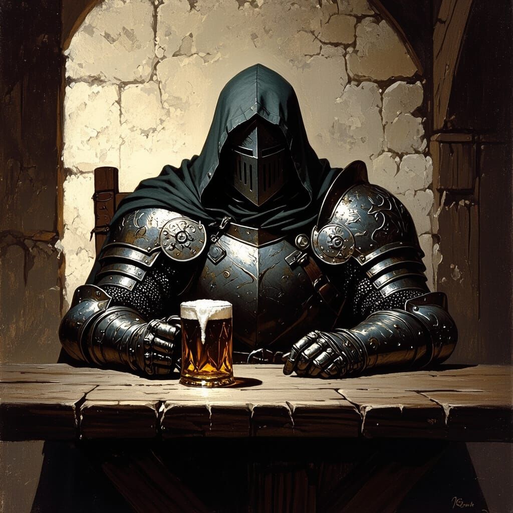 Knight in Dim Tavern, Dramatic Chiaroscuro Lighting