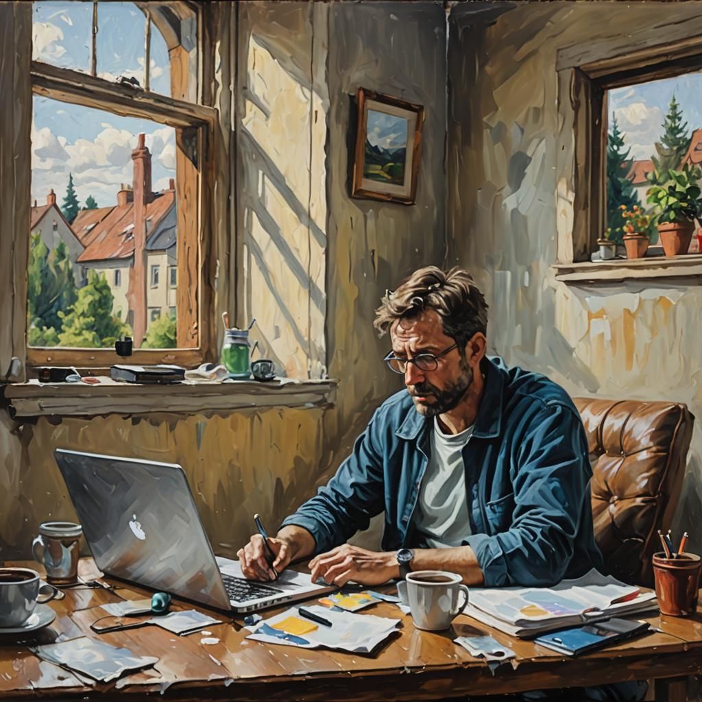 Man Bored Waiting for Software Update as Oil Painting