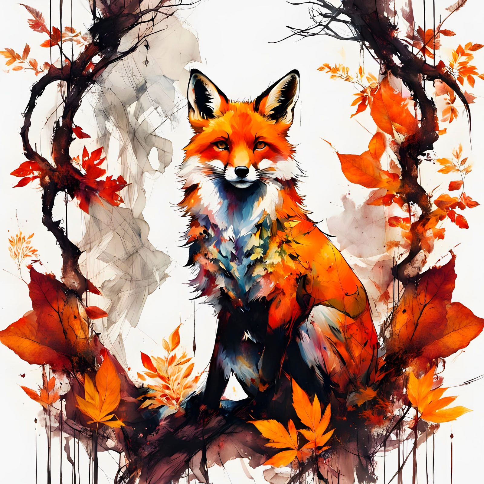 Surreal Autumn Scene with Mystical Fox in Vibrant Forest