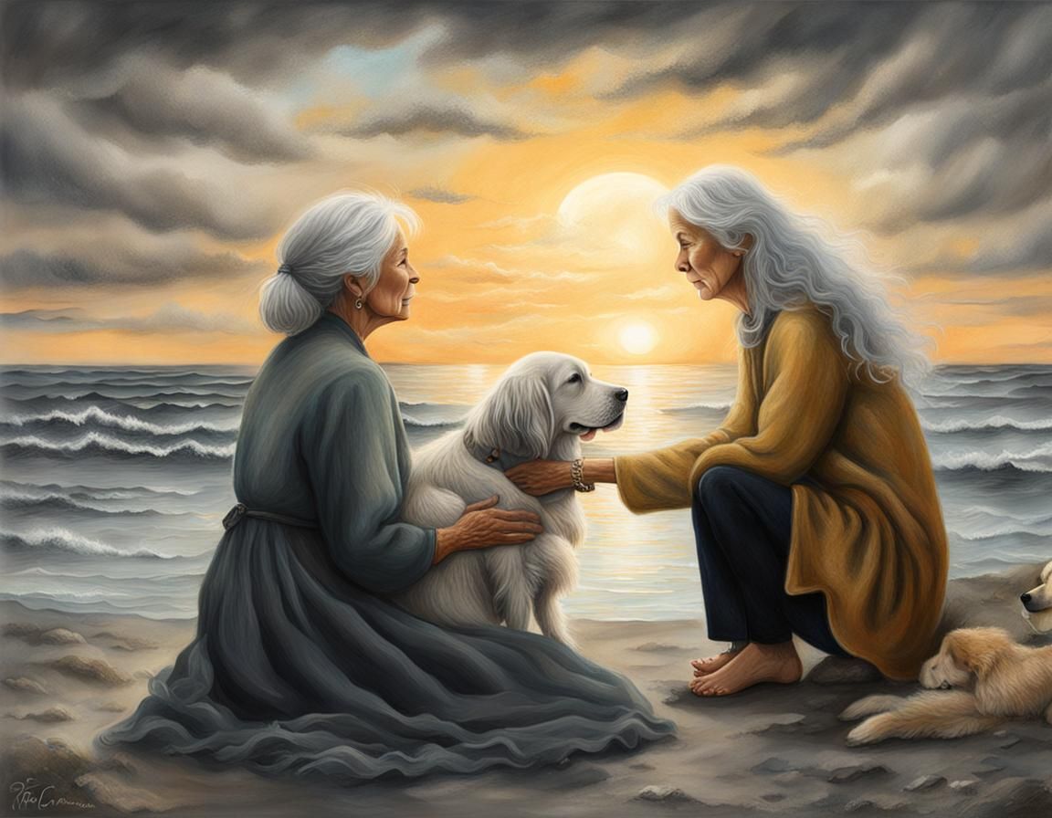 Ethereal Fantasy: Woman and Retriever by the Sea