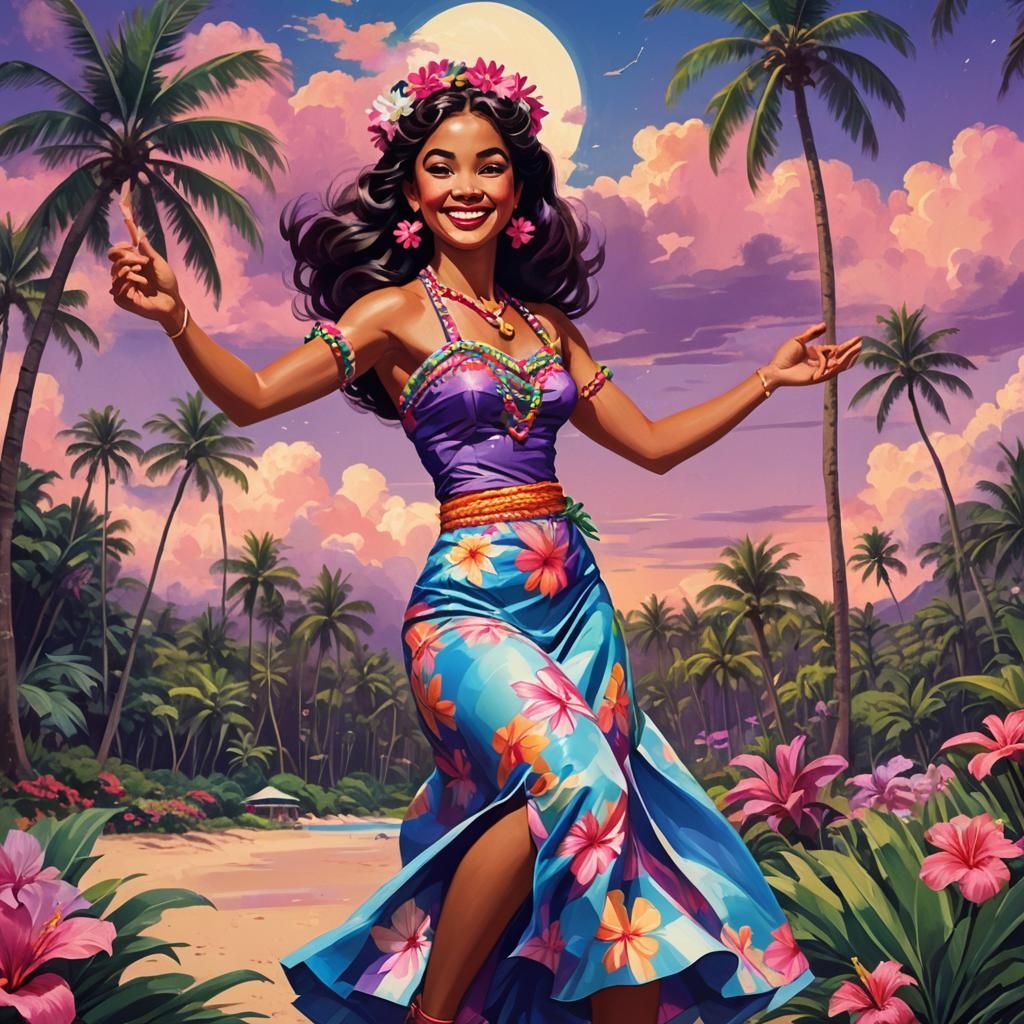 Retro-Futuristic Hula Girl on Hawaiian Beach