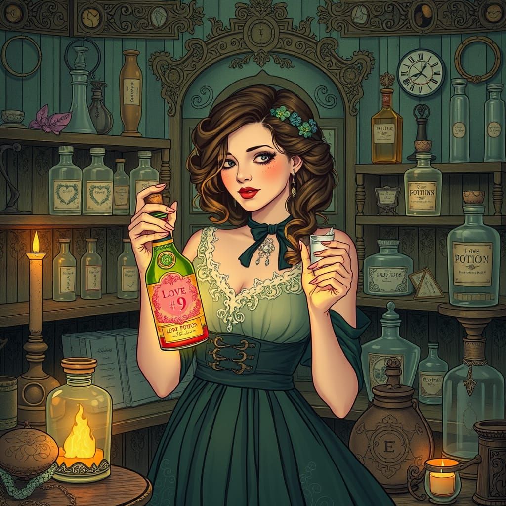 Romantic Apothecary Scene in Whimsical Art Nouveau Style