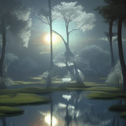 Glowing Silver Tree in Crater Sunset, Detailed Art