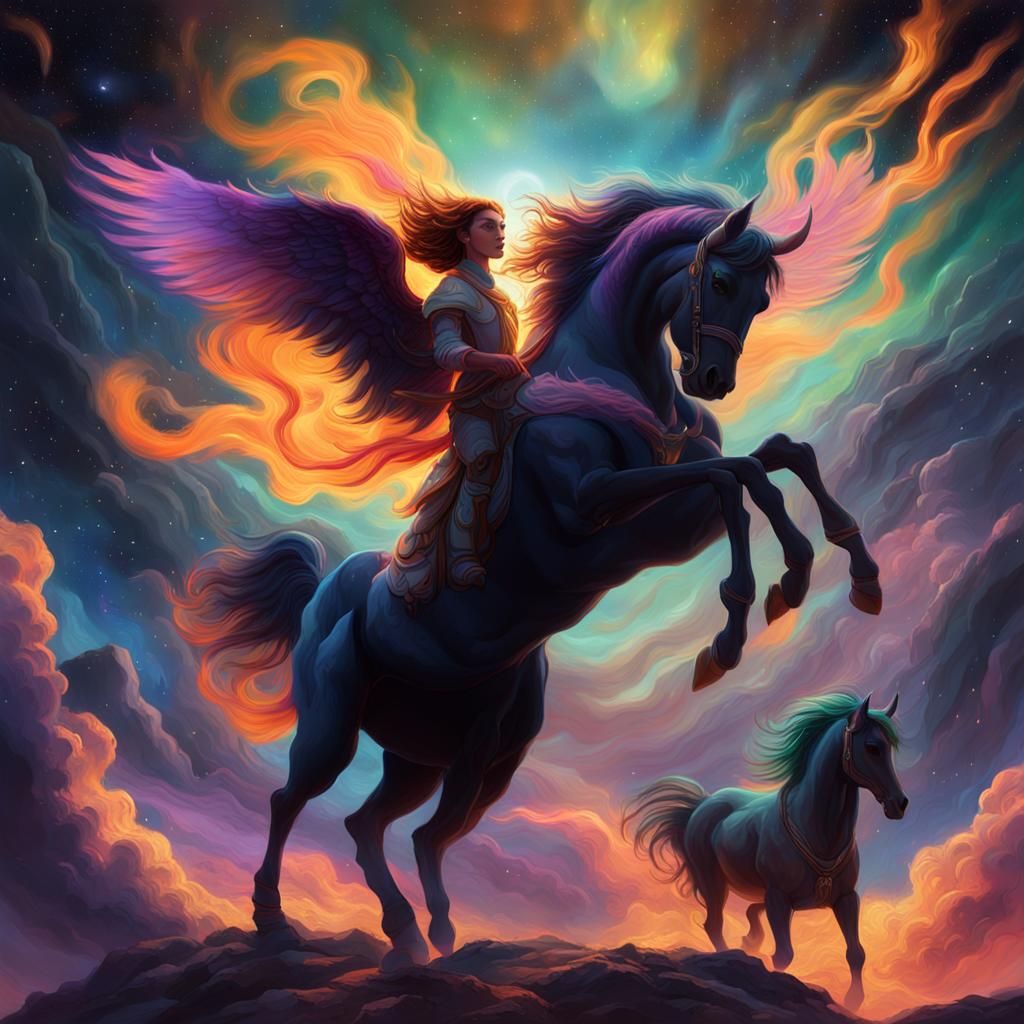 Flaming Winged Centaur Soaring in Cosmic Space