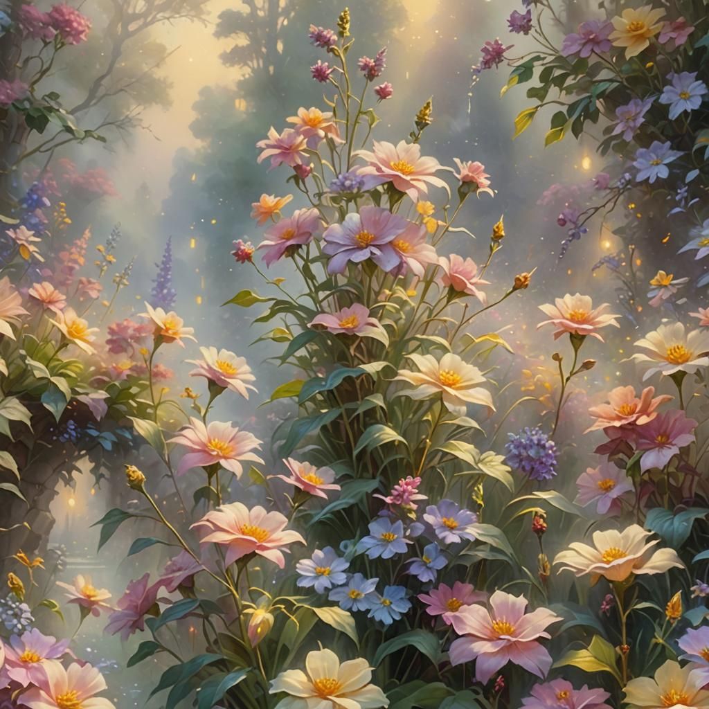 Flowers Swaying in Sunlight: Ethereal Impressionist Oil Pain...