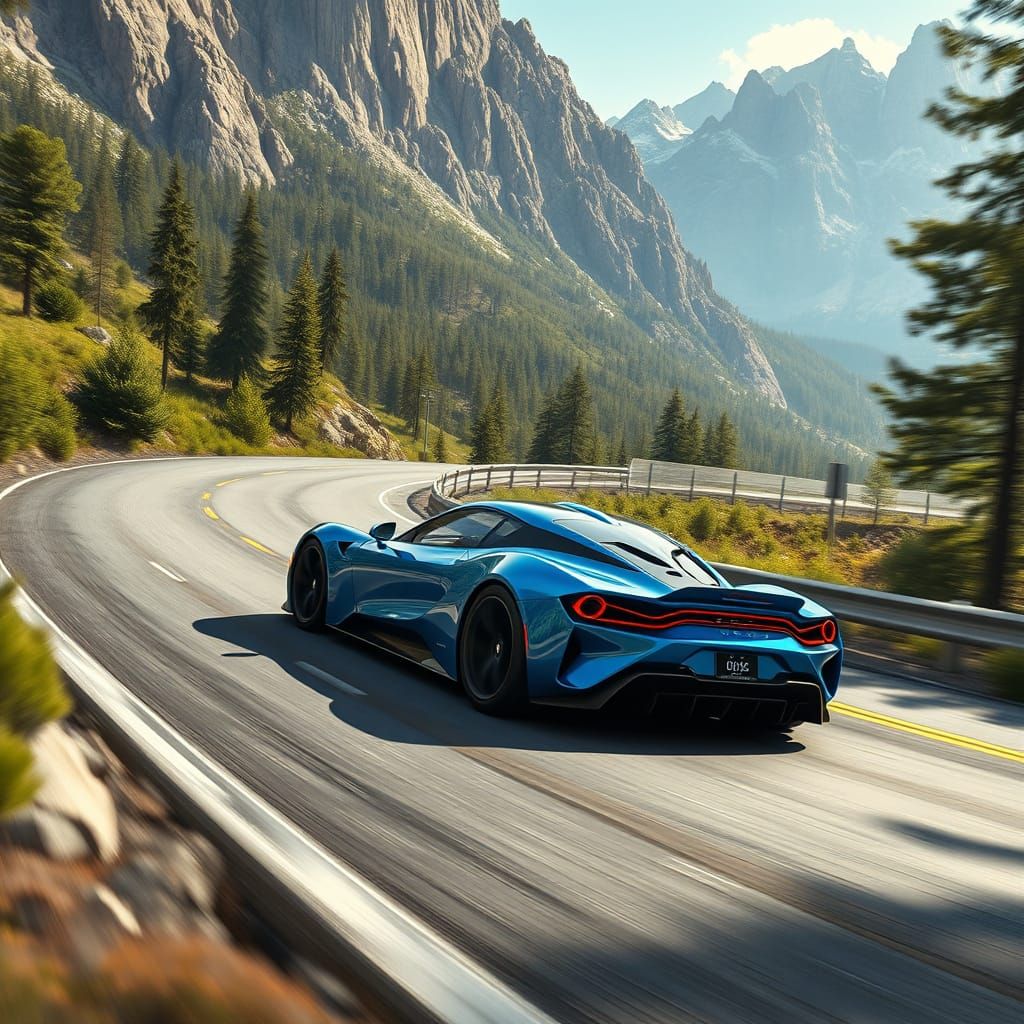 Electric Blue Sports Car Speeds Down Winding Mountain Road