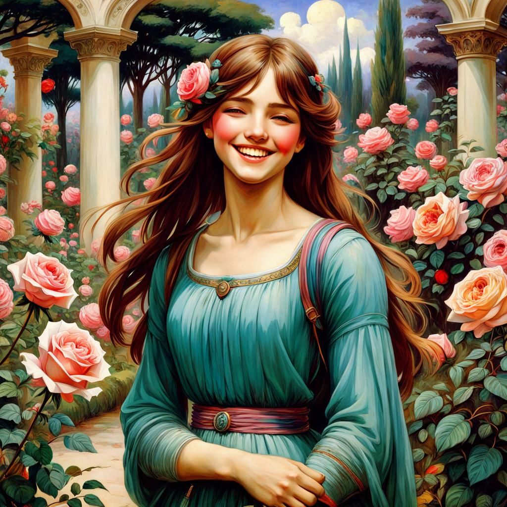 Laughing Girl in Rose Garden, Anime Style