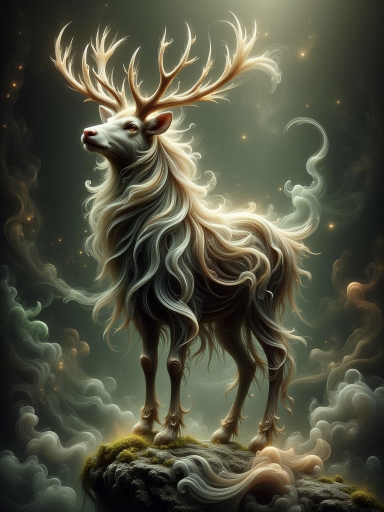 Majestic Deer with Silver Hair in Ethereal Style