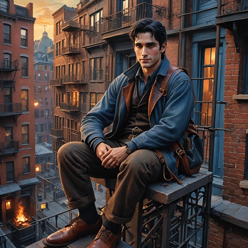 Twilight Man on Fire Escape: Fantasy Concept Art