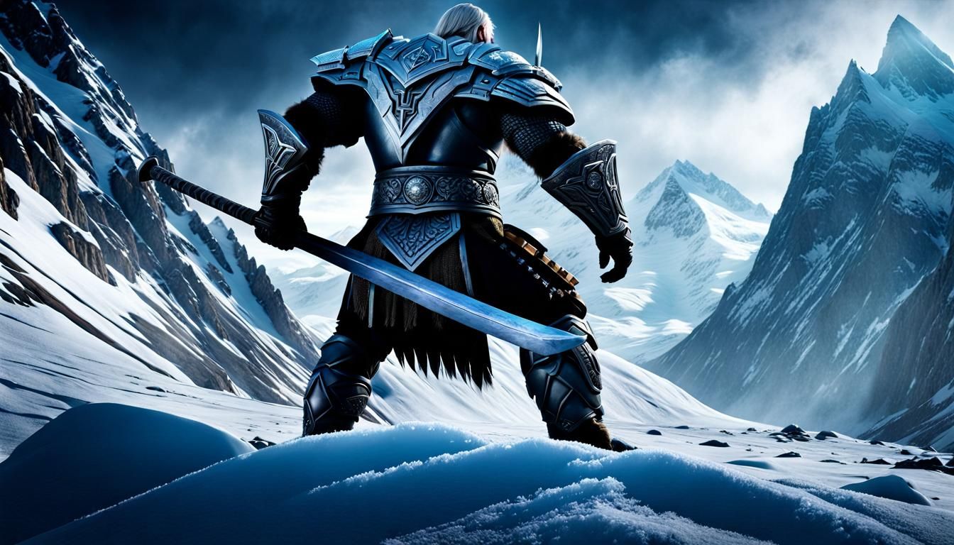 Nordic Warrior and Ice Giant in Hyperrealistic Detail
