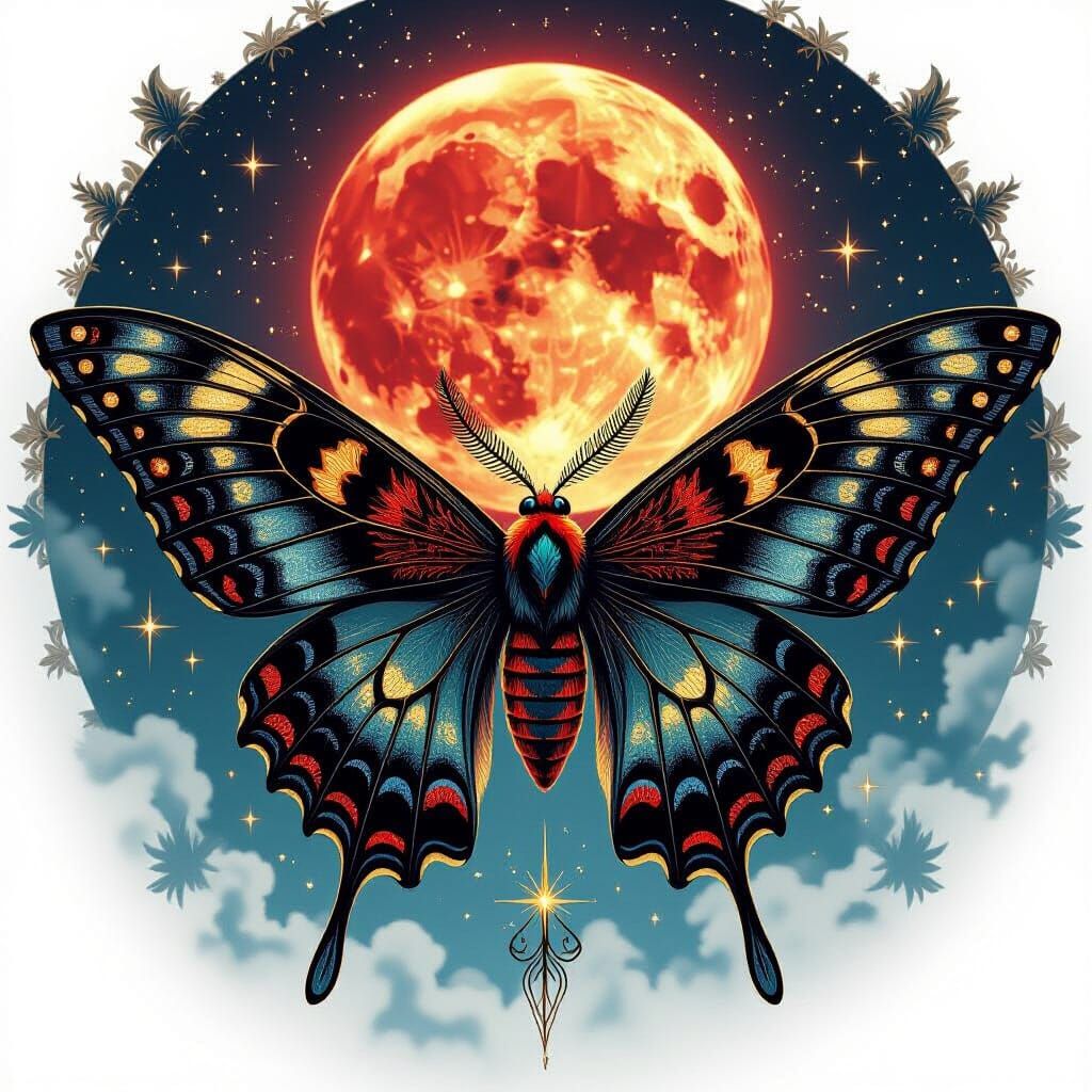 Mystical Moth with Runes and Cosmic Design