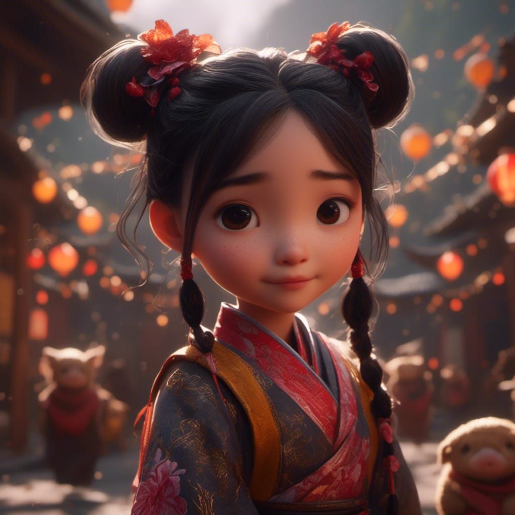 Cute Chinese Girl with Pigtails in Detailed Digital Art