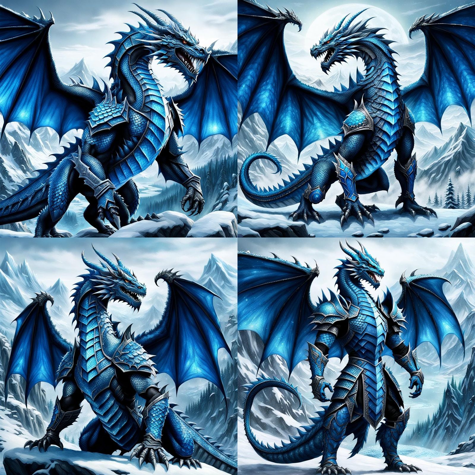 Armored Blue Dragon in Frozen Winter Landscape