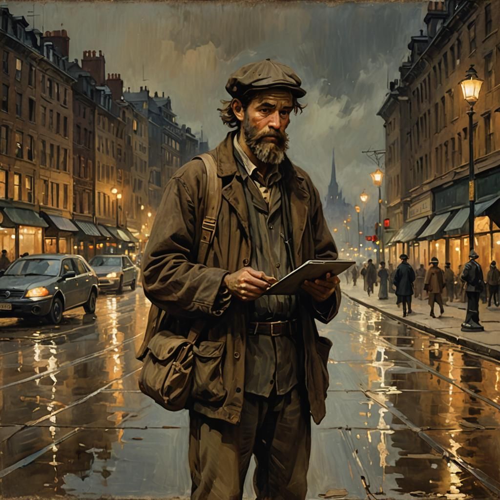 Edwardian Realism: Hobo with Tablet in City Lights