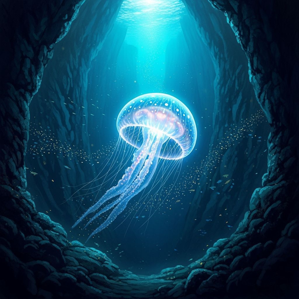 Bioluminescent Jellyfish in Deep-Sea Trench: Digital Paintin...