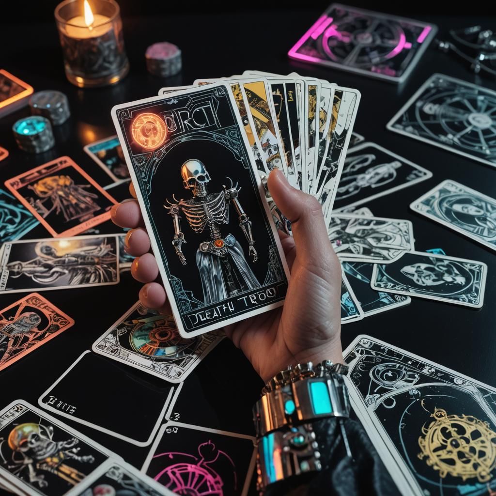 Robotic Hand Reveals Death Tarot Card in Cyberpunk Style