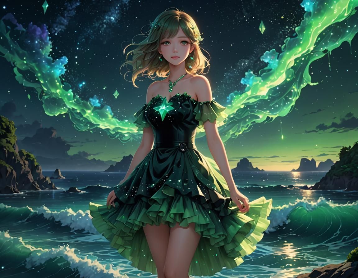 Bioluminescent Ocean Galaxy View in Anime Style
