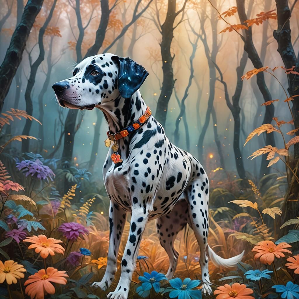 Dalmatian in Mystical Forest: Whimsical Digital Art