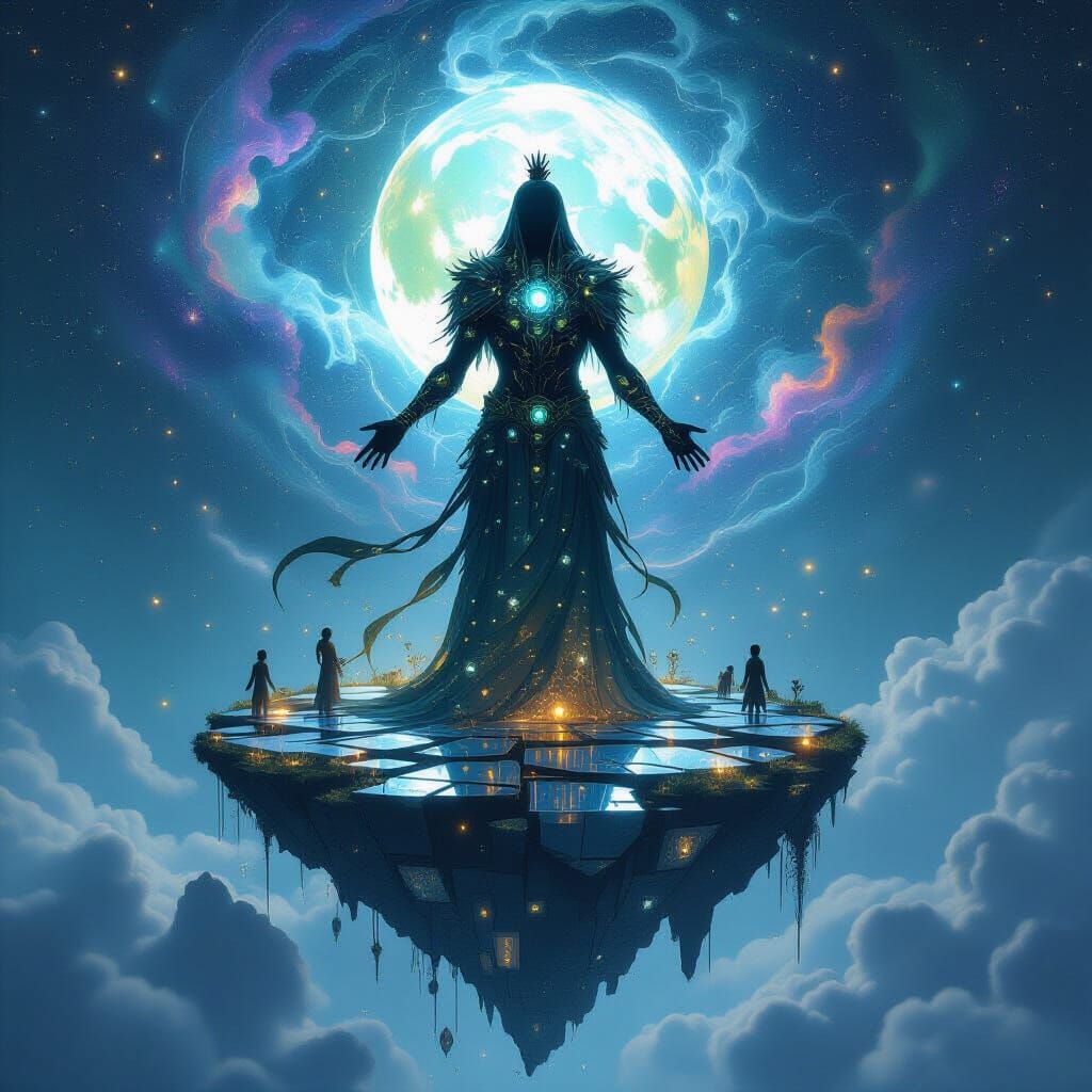 Mystical Shaman on Floating Island in Anime Style