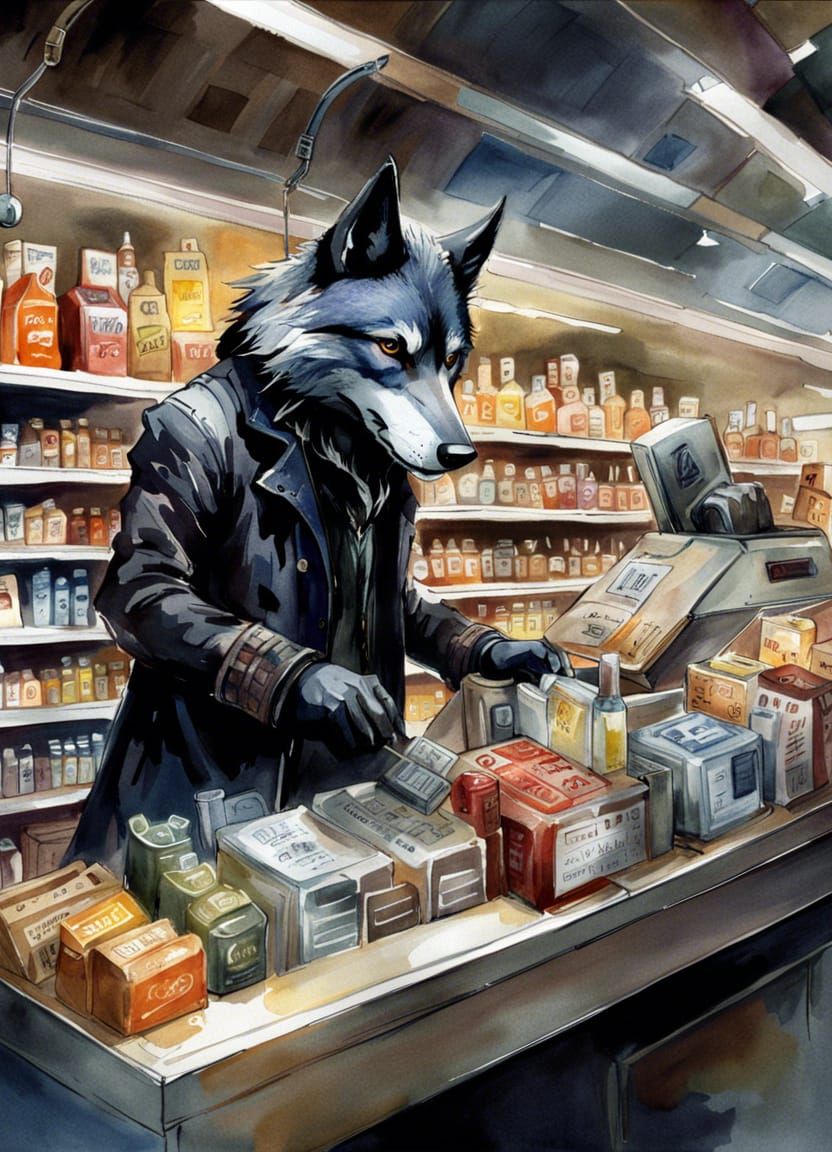 Gothic Wolf Cashier in Watercolour Style