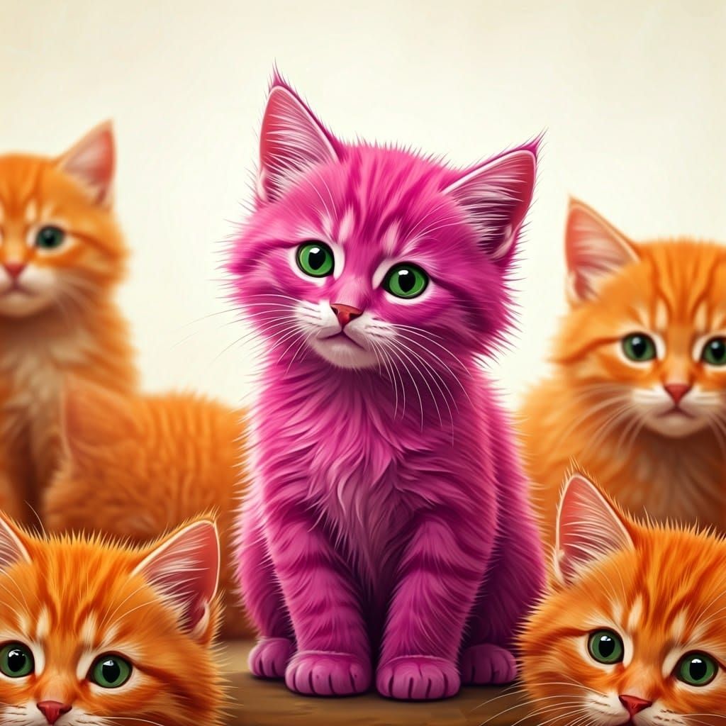 Whimsical Cartoon Kitten Amidst Ginger Feline Friends