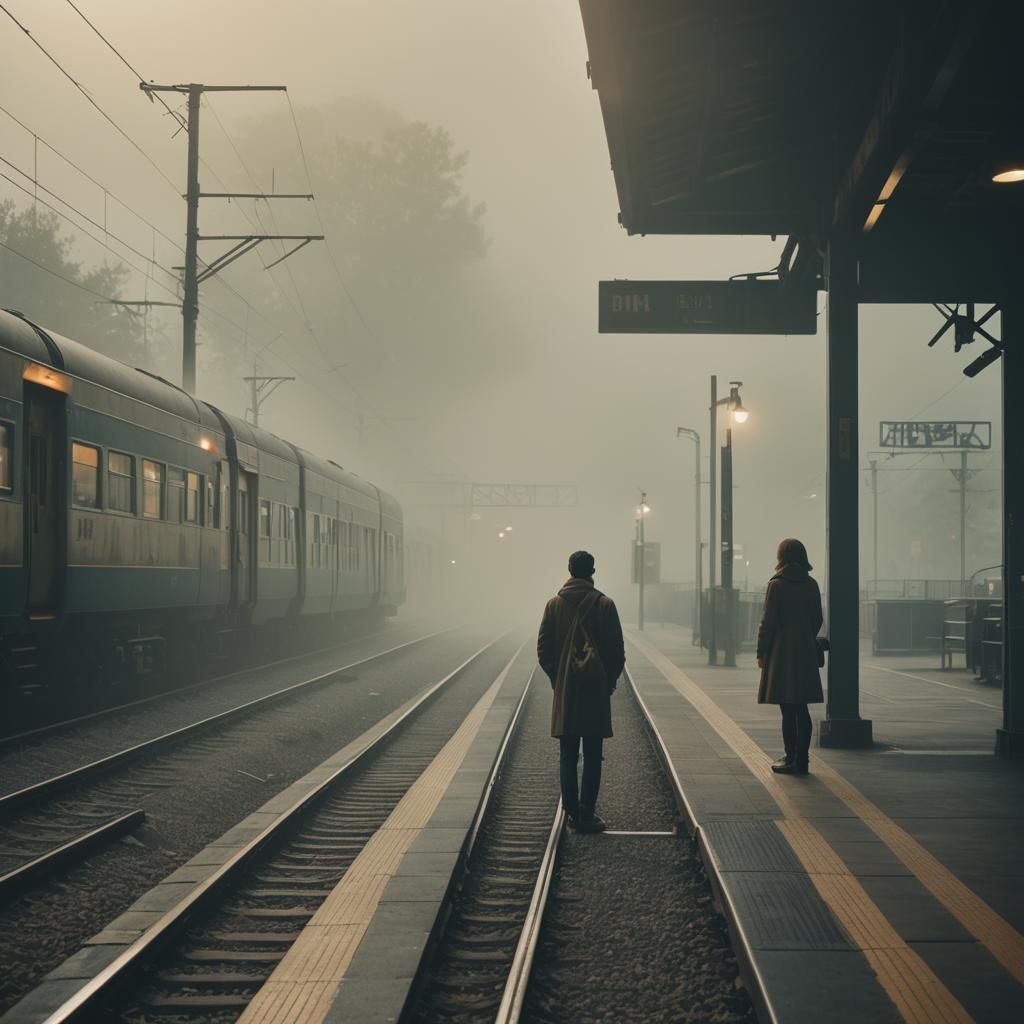 Lonely Departure: Cinematic Still of Farewell on Platform