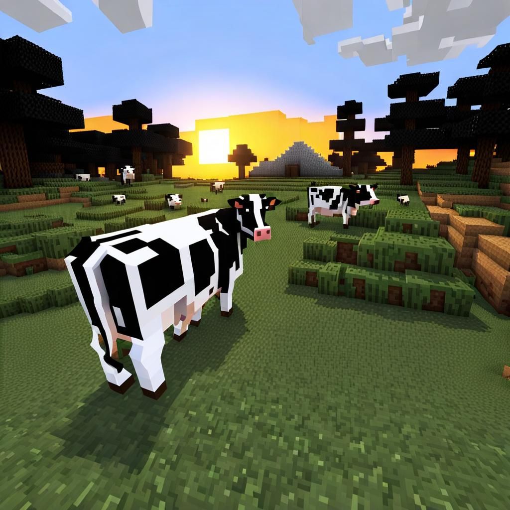 Minecraft Cow Farm at Sunset