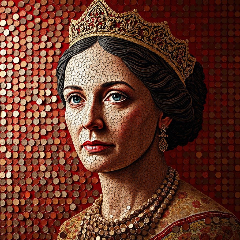 Regal Queen Mosaic Portrait Made of Coins