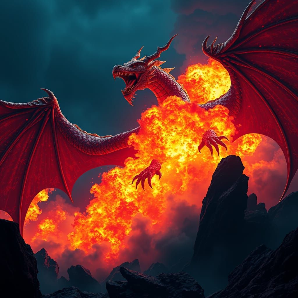 Majestic Red Fire Dragon Unleashes Cataclysmic Fury